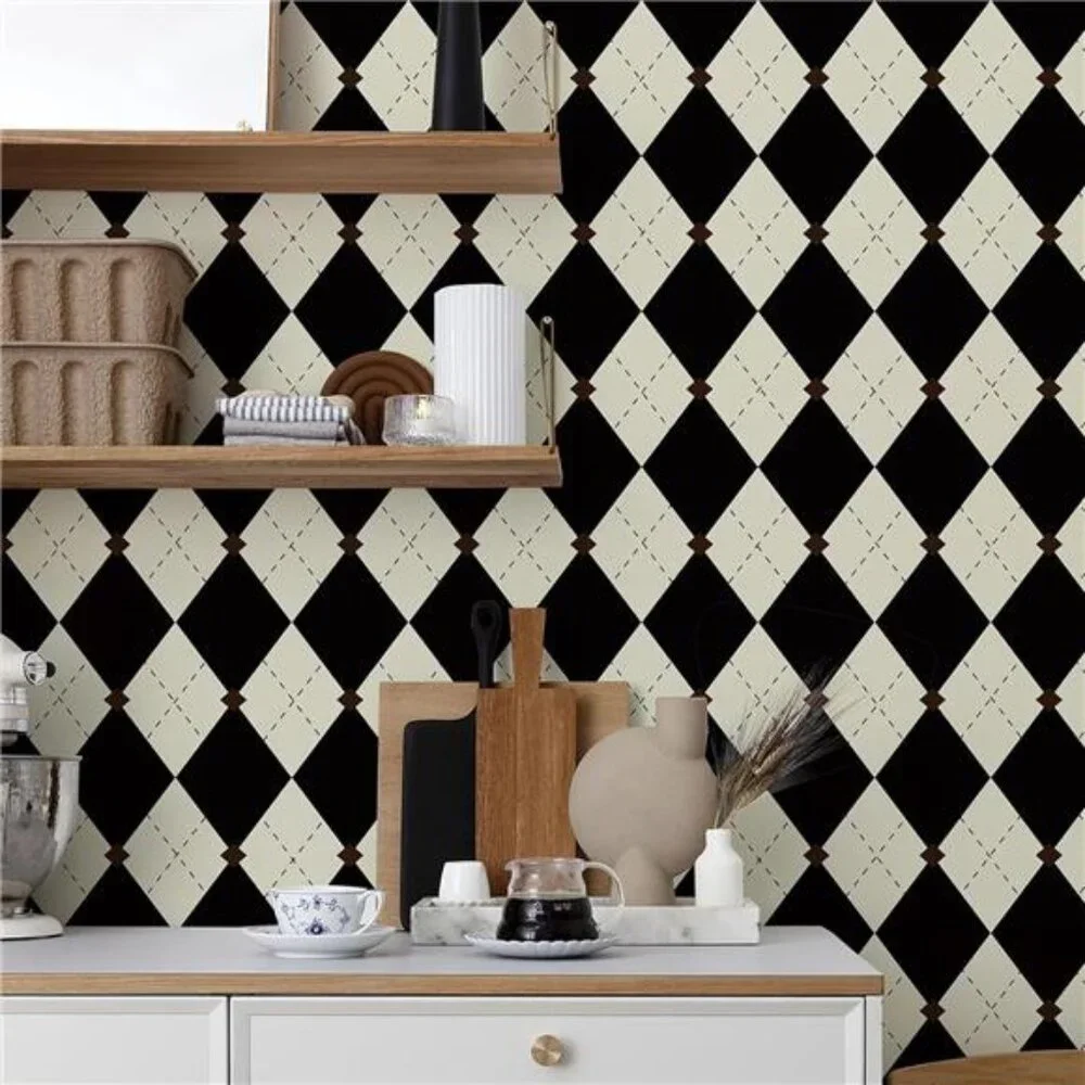Retro Peel and Stick Wallpaper Black and White Wallpaper Vintage Plaid